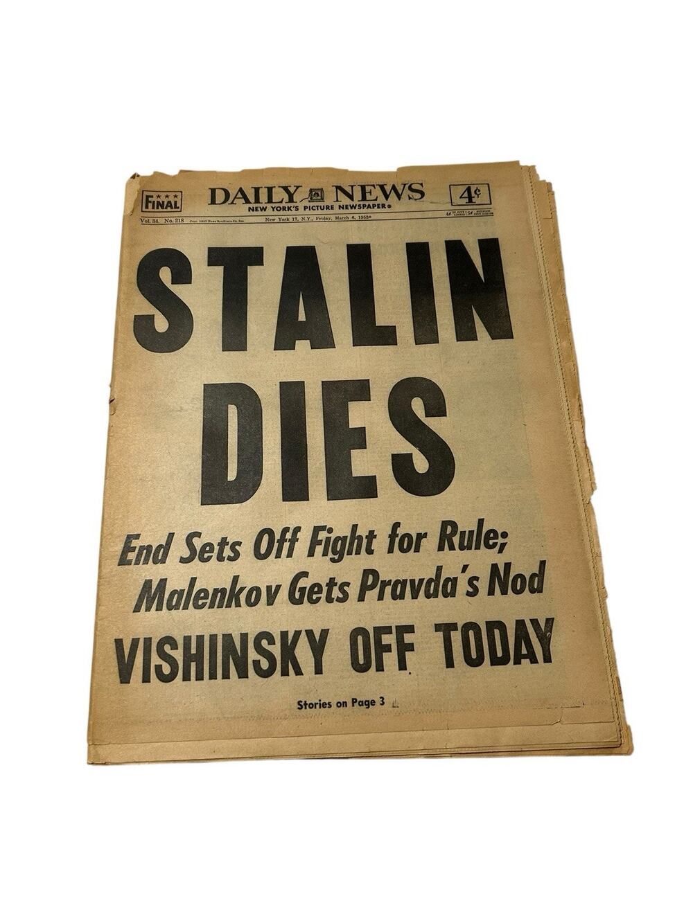 STALIN DIES Daily News March 6th, 1953 Rare Newspaper New York (4 Cents) History